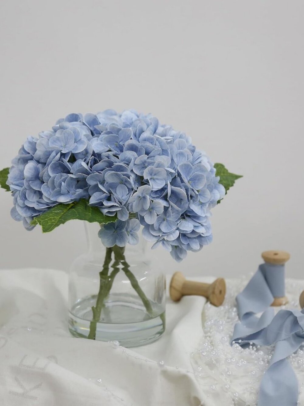 Real Touch Light Blue Hydrangea Floral Arrangement in Vase - Elegant Table